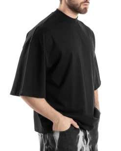 T-shirt Uomo Girocollo Boxy Fit Oversize Cotone Spalla Scesa Gola Alta Casual Basic Nero GIOSAL-TS3023A