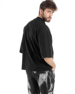 T-shirt Uomo Girocollo Boxy Fit Oversize Cotone Spalla Scesa Gola Alta Casual Basic Nero GIOSAL-TS3023A