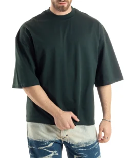 T-shirt Uomo Girocollo Boxy Fit Oversize Cotone Spalla Scesa Gola Alta Casual Basic Verde GIOSAL-TS3026A