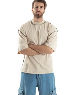 T-shirt Uomo Girocollo Boxy Fit Oversize Spalla Scesa Gola Alta Cuciture A Contrasto Cotone Beige GIOSAL-TS3034A