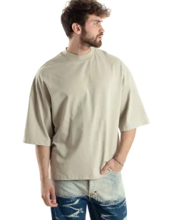 T-shirt Uomo Girocollo Boxy Fit Oversize Cotone Spalla Scesa Gola Alta Casual Basic Beige GIOSAL-TS3022A
