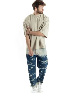T-shirt Uomo Girocollo Boxy Fit Oversize Cotone Spalla Scesa Gola Alta Casual Basic Beige GIOSAL-TS3022A
