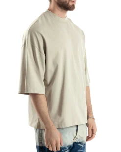 T-shirt Uomo Girocollo Boxy Fit Oversize Cotone Spalla Scesa Gola Alta Casual Basic Beige GIOSAL-TS3022A