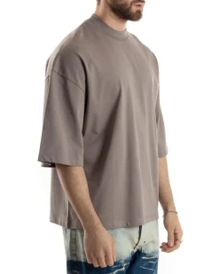 T-shirt Uomo Girocollo Boxy Fit Oversize Cotone Spalla Scesa Gola Alta Casual Basic Fango GIOSAL-TS3025A