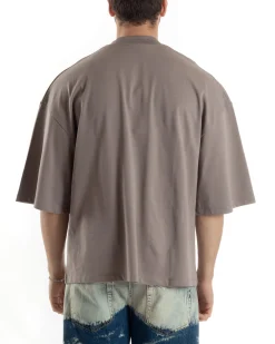 T-shirt Uomo Girocollo Boxy Fit Oversize Cotone Spalla Scesa Gola Alta Casual Basic Fango GIOSAL-TS3025A