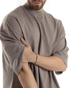 T-shirt Uomo Girocollo Boxy Fit Oversize Cotone Spalla Scesa Gola Alta Casual Basic Fango GIOSAL-TS3025A
