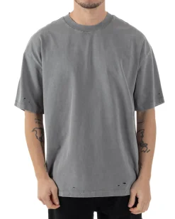T-shirt Uomo Girocollo Con Rotture Cotone Slavato Tie Dye Maglia Basic Oversize Casual Grigio GIOSAL-TS3103A