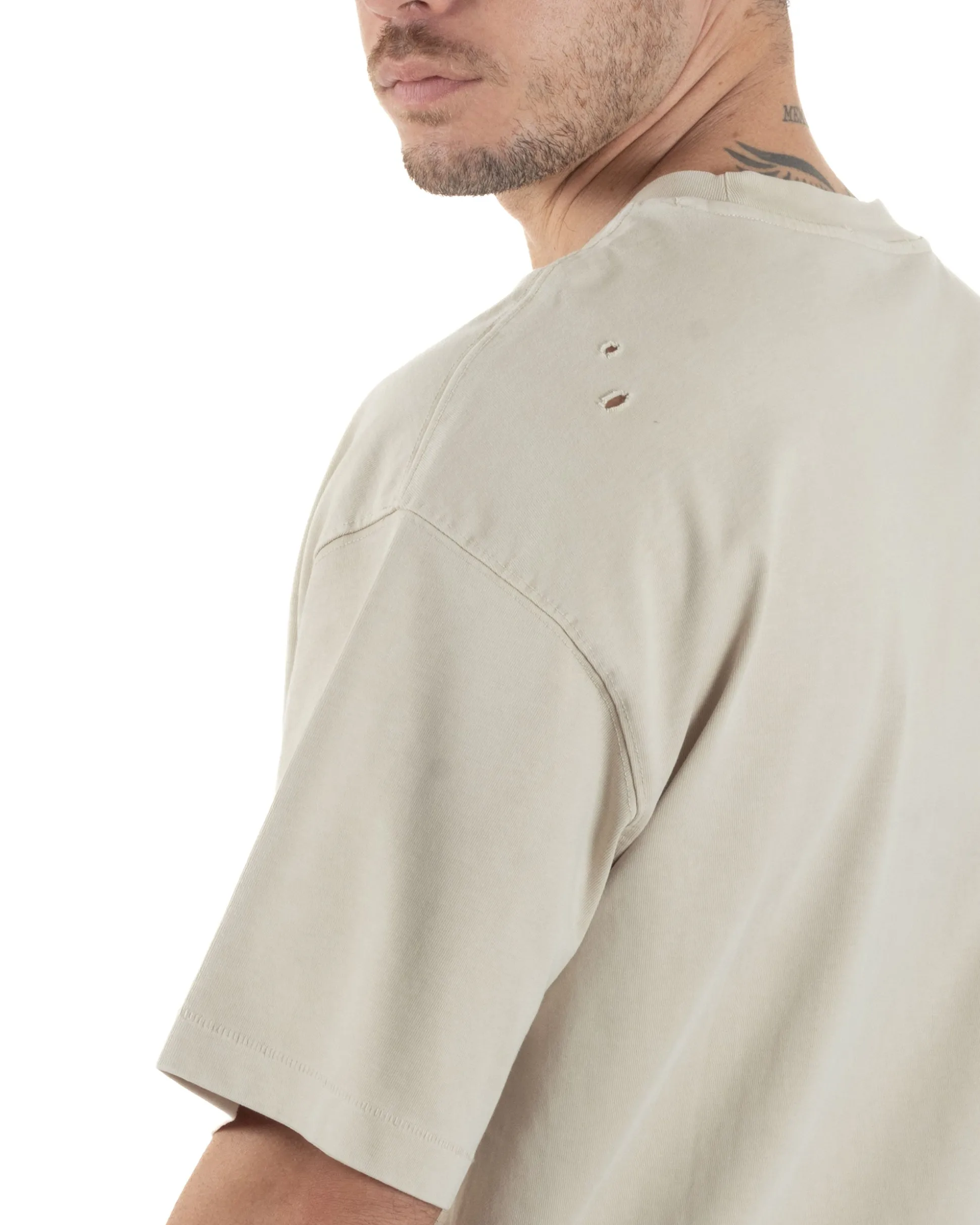 T-shirt Uomo Girocollo Con Rotture Cotone Slavato Tie Dye Maglia Basic Oversize Casual Beige GIOSAL-TS3106A