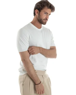 T-shirt uomo girocollo filo maglia sottogiacca casual basic tinta unita bianco GIOSAL-TS3154A