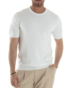 T-shirt uomo girocollo filo maglia sottogiacca casual basic tinta unita bianco GIOSAL-TS3154A