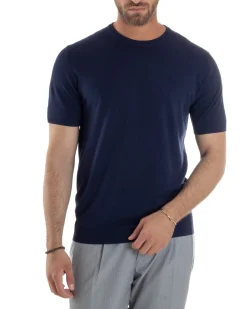 T-Shirt Uomo Girocollo Filo Maglia Sottogiacca Casual Blu TS3158A