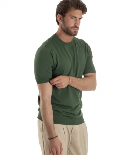T-Shirt Uomo Girocollo Filo Maglia Sottogiacca Casual Verde Militare TS3159A