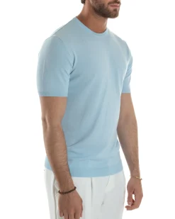 T-Shirt Uomo Girocollo Filo Maglia Sottogiacca Casual Celeste TS3151A