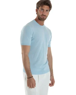 T-Shirt Uomo Girocollo Filo Maglia Sottogiacca Casual Celeste TS3151A