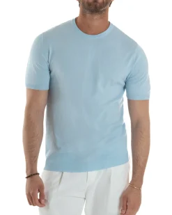 T-Shirt Uomo Girocollo Filo Maglia Sottogiacca Casual Celeste TS3151A