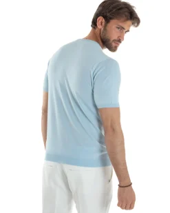 T-Shirt Uomo Girocollo Filo Maglia Sottogiacca Casual Celeste TS3151A