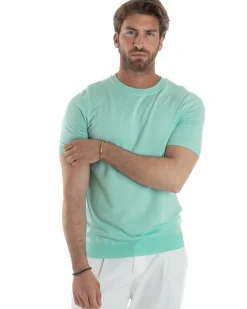 T-Shirt Uomo Girocollo Filo Maglia Sottogiacca Casual Verde Acqua TS3152A