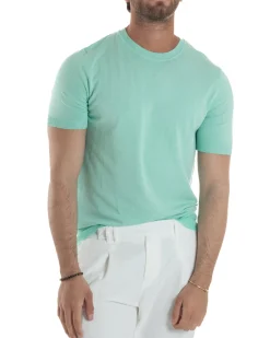 T-Shirt Uomo Girocollo Filo Maglia Sottogiacca Casual Verde Acqua TS3152A