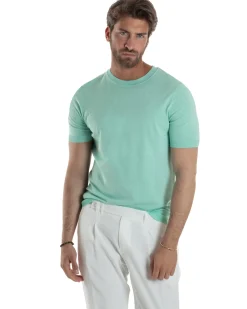 T-Shirt Uomo Girocollo Filo Maglia Sottogiacca Casual Verde Acqua TS3152A