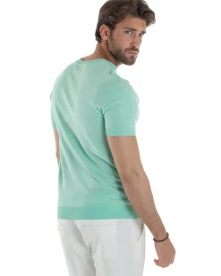 T-Shirt Uomo Girocollo Filo Maglia Sottogiacca Casual Verde Acqua TS3152A