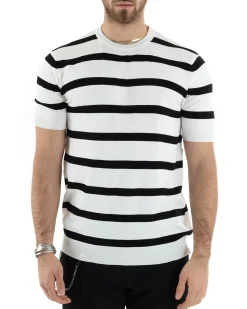T-shirt Uomo Girocollo Filo Rigata Maniche Corte Bicolore Casual Bianco GIOSAL-TS2860A