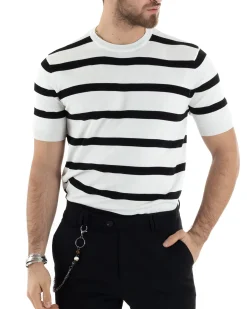 T-shirt Uomo Girocollo Filo Rigata Maniche Corte Bicolore Casual Bianco GIOSAL-TS2860A