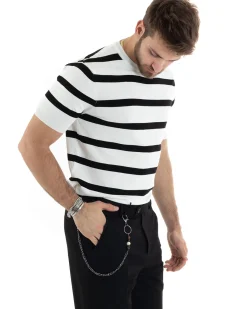 T-shirt Uomo Girocollo Filo Rigata Maniche Corte Bicolore Casual Bianco GIOSAL-TS2860A