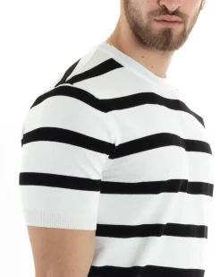 T-shirt Uomo Girocollo Filo Rigata Maniche Corte Bicolore Casual Bianco GIOSAL-TS2860A