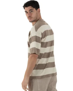 T-shirt Uomo Girocollo In Maglina Maglia Maniche Corte Oversize Spalle Scese Rigata Bicolore Beige GIOSAL-TS3095A