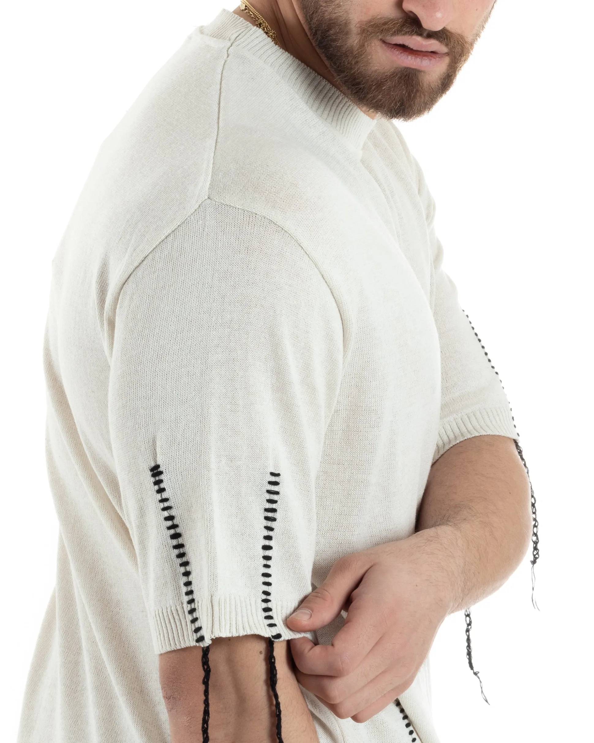 T-Shirt Uomo Girocollo Maglia In Filo Tinta Unita Beige GIOSAL-TS2990A