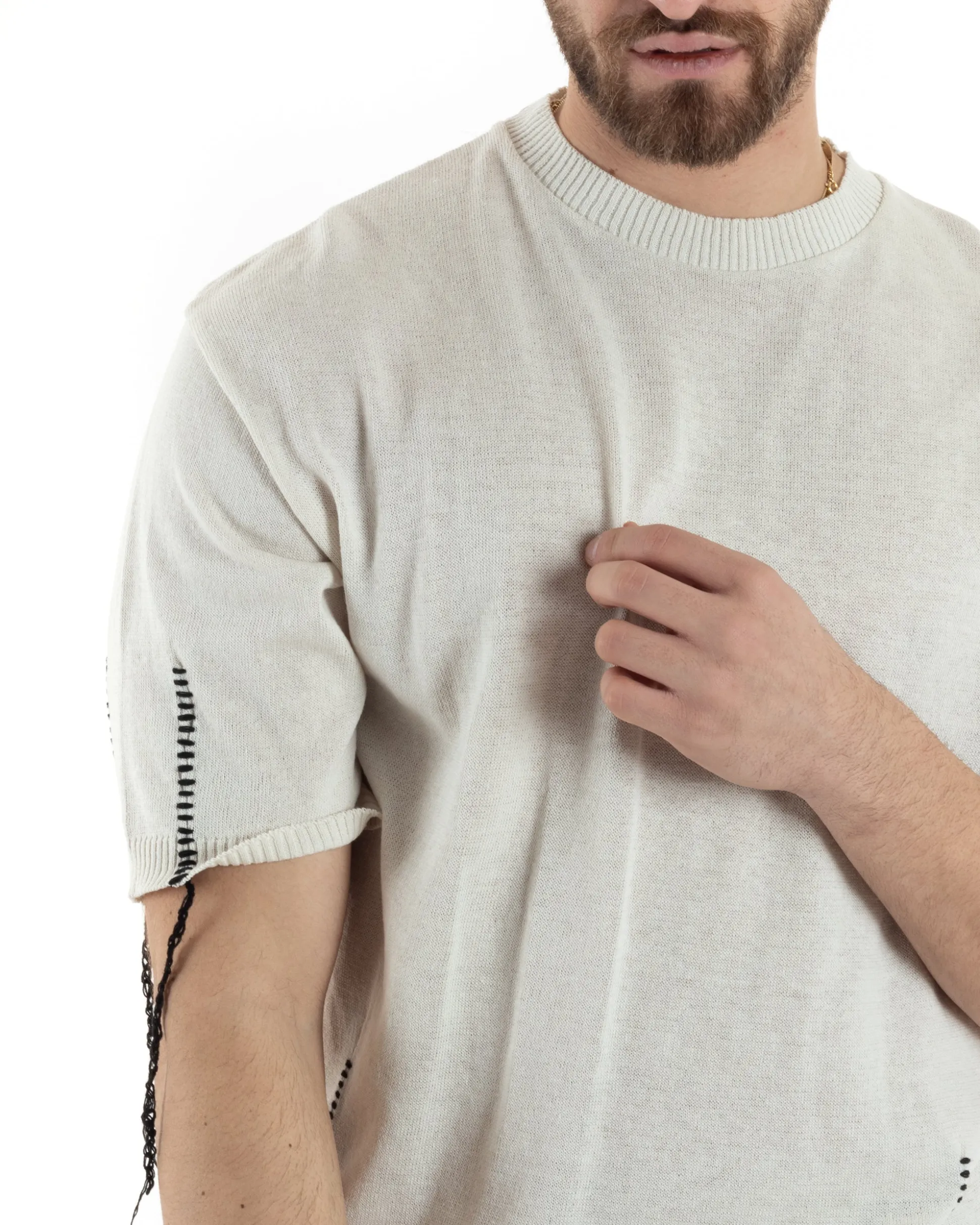 T-Shirt Uomo Girocollo Maglia In Filo Tinta Unita Beige GIOSAL-TS2990A