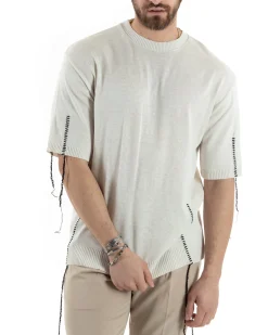 T-Shirt Uomo Girocollo Maglia In Filo Tinta Unita Beige GIOSAL-TS2990A