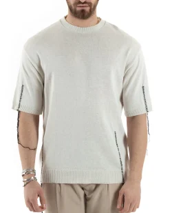 T-Shirt Uomo Girocollo Maglia In Filo Tinta Unita Beige GIOSAL-TS2990A