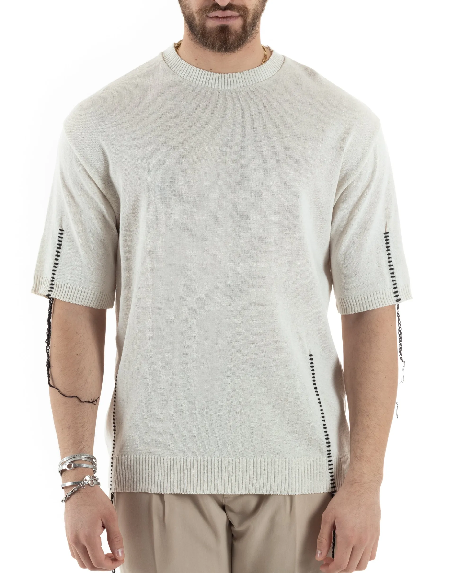 T-Shirt Uomo Girocollo Maglia In Filo Tinta Unita Beige GIOSAL-TS2990A