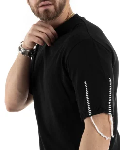 T-Shirt Uomo Girocollo Maglia In Filo Tinta Unita Nero GIOSAL-TS2991A