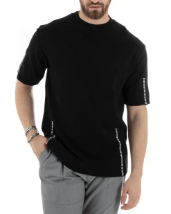 T-Shirt Uomo Girocollo Maglia In Filo Tinta Unita Nero GIOSAL-TS2991A