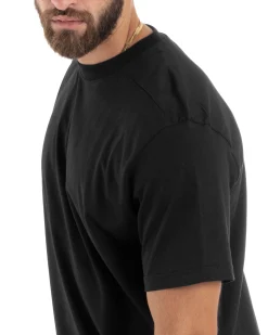 T-shirt Uomo Girocollo Mezze Maniche Cotone Premium Maglia Basic Casual Tinta Unita Nero GIOSAL-TS3082A