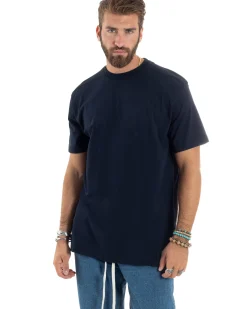 T-shirt Uomo Girocollo Mezze Maniche Cotone Premium Maglia Basic Casual Tinta Unita Blu GIOSAL-TS3084A