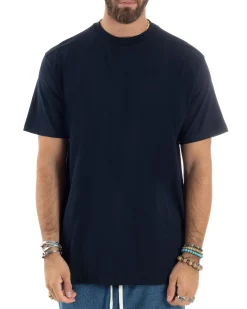 T-shirt Uomo Girocollo Mezze Maniche Cotone Premium Maglia Basic Casual Tinta Unita Blu GIOSAL-TS3084A