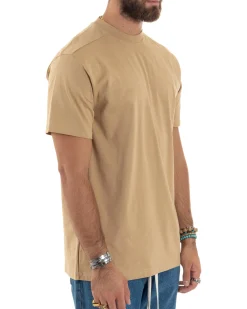 T-shirt Uomo Girocollo Mezze Maniche Cotone Premium Maglia Basic Casual Tinta Unita Beige GIOSAL-TS3083A