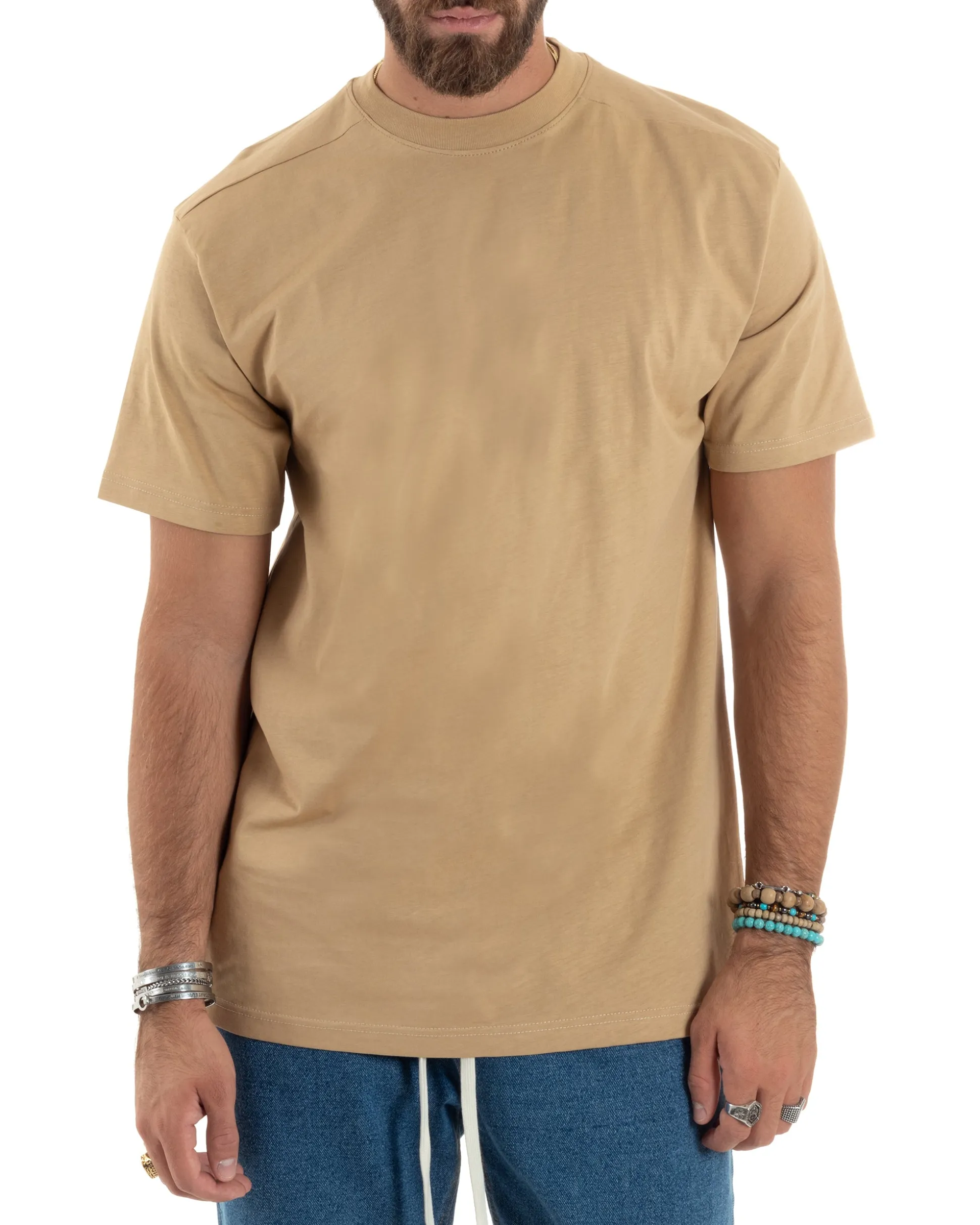 T-shirt Uomo Girocollo Mezze Maniche Cotone Premium Maglia Basic Casual Tinta Unita Beige GIOSAL-TS3083A