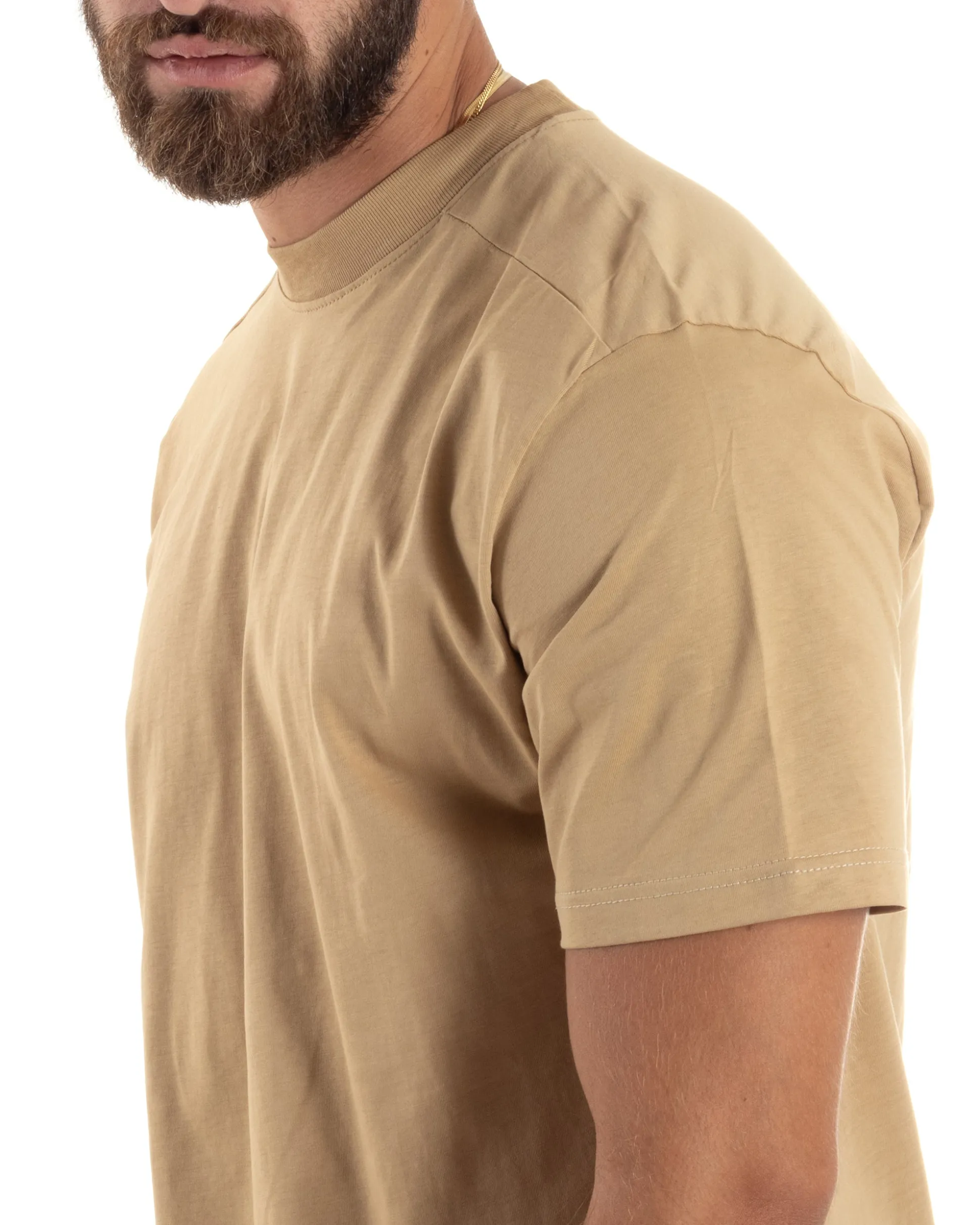 T-shirt Uomo Girocollo Mezze Maniche Cotone Premium Maglia Basic Casual Tinta Unita Beige GIOSAL-TS3083A