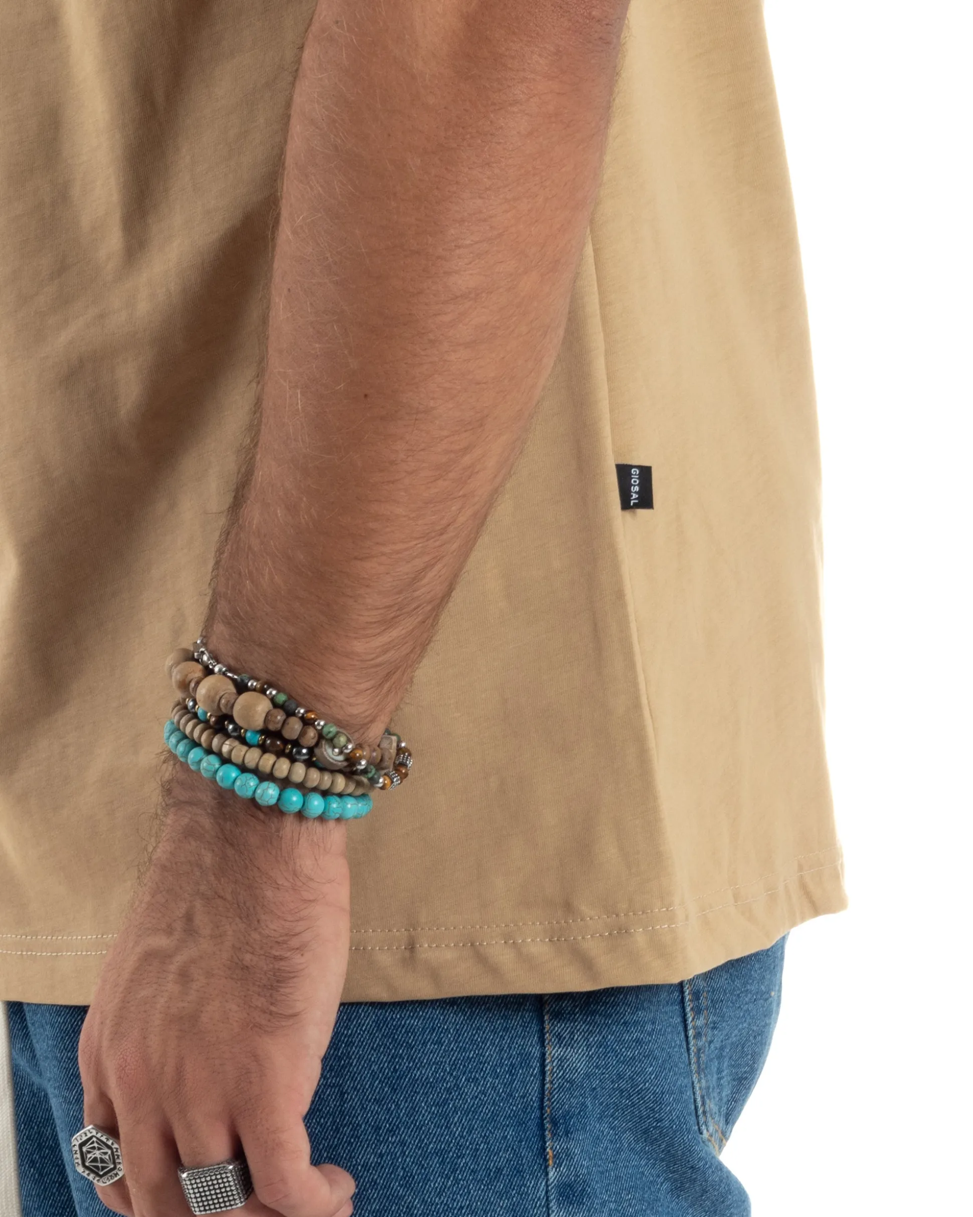 T-shirt Uomo Girocollo Mezze Maniche Cotone Premium Maglia Basic Casual Tinta Unita Beige GIOSAL-TS3083A