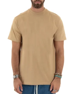 T-shirt Uomo Girocollo Mezze Maniche Cotone Premium Maglia Basic Casual Tinta Unita Beige GIOSAL-TS3083A