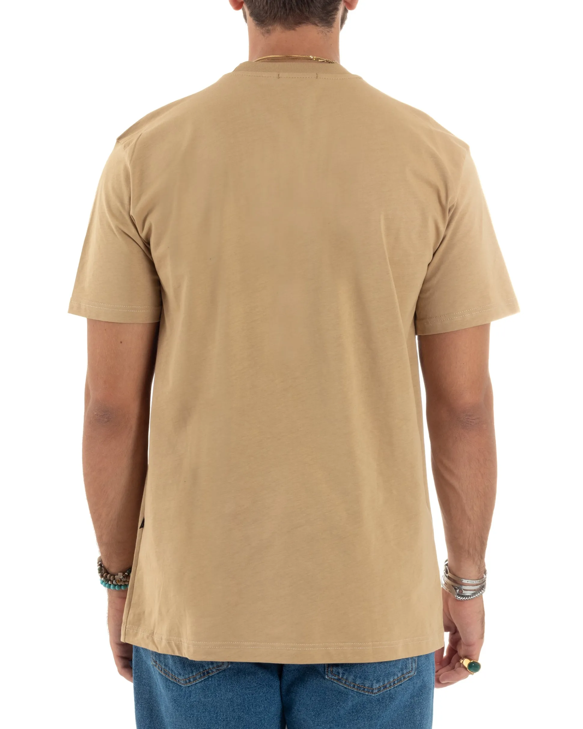 T-shirt Uomo Girocollo Mezze Maniche Cotone Premium Maglia Basic Casual Tinta Unita Beige GIOSAL-TS3083A