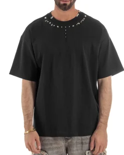 T-shirt uomo girocollo oversize borchie basic nero GIOSAL-TS3260A