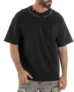 T-shirt uomo girocollo oversize borchie basic nero GIOSAL-TS3260A
