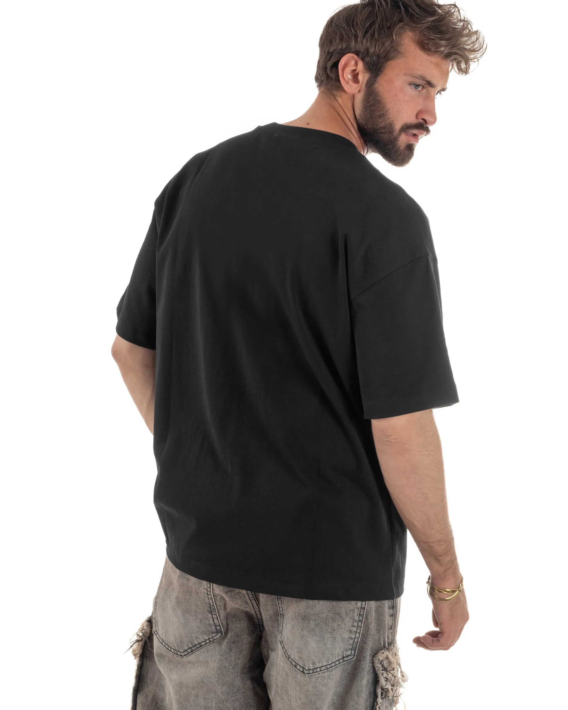 T-shirt uomo girocollo oversize borchie basic nero GIOSAL-TS3260A
