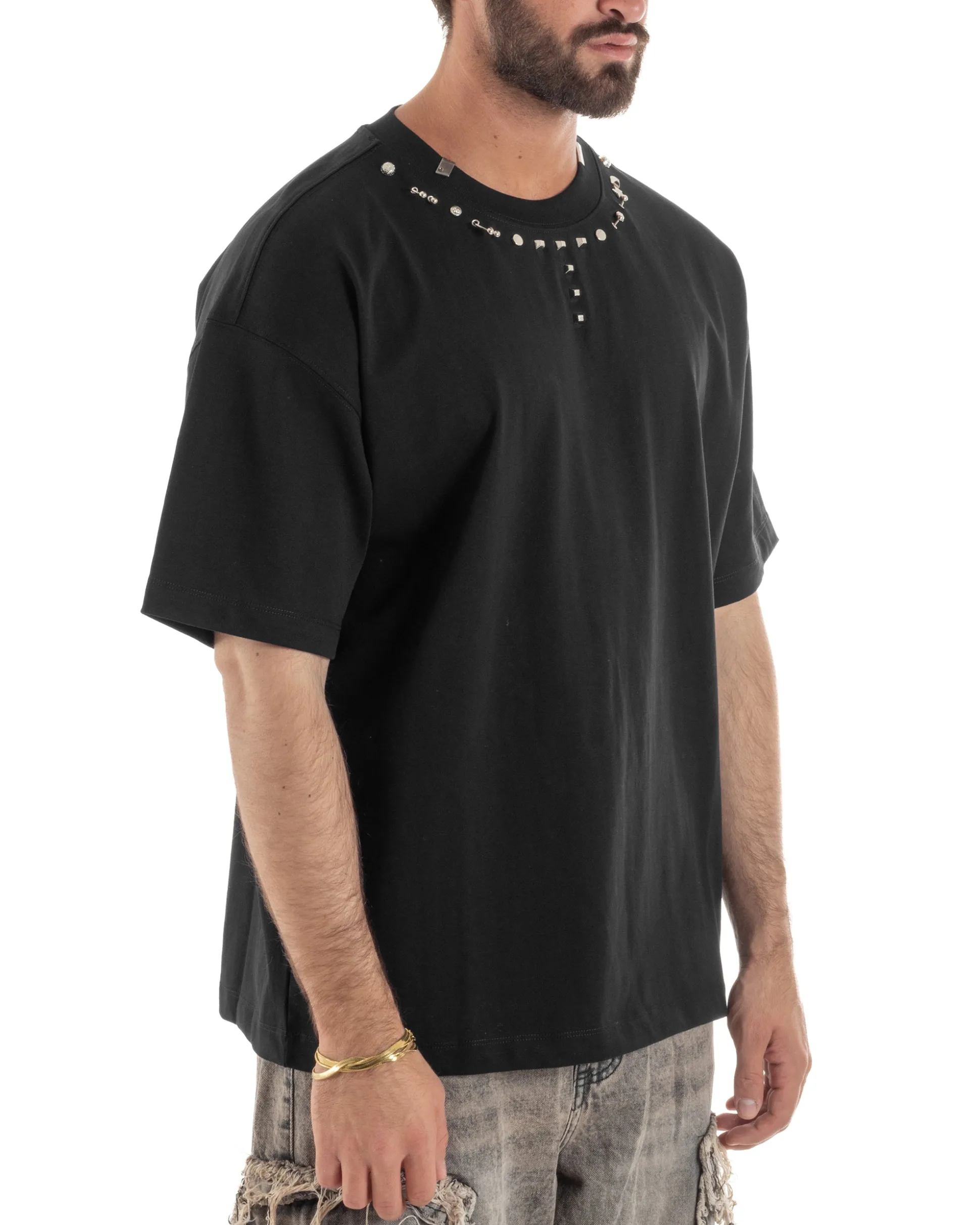 T-shirt uomo girocollo oversize borchie basic nero GIOSAL-TS3260A
