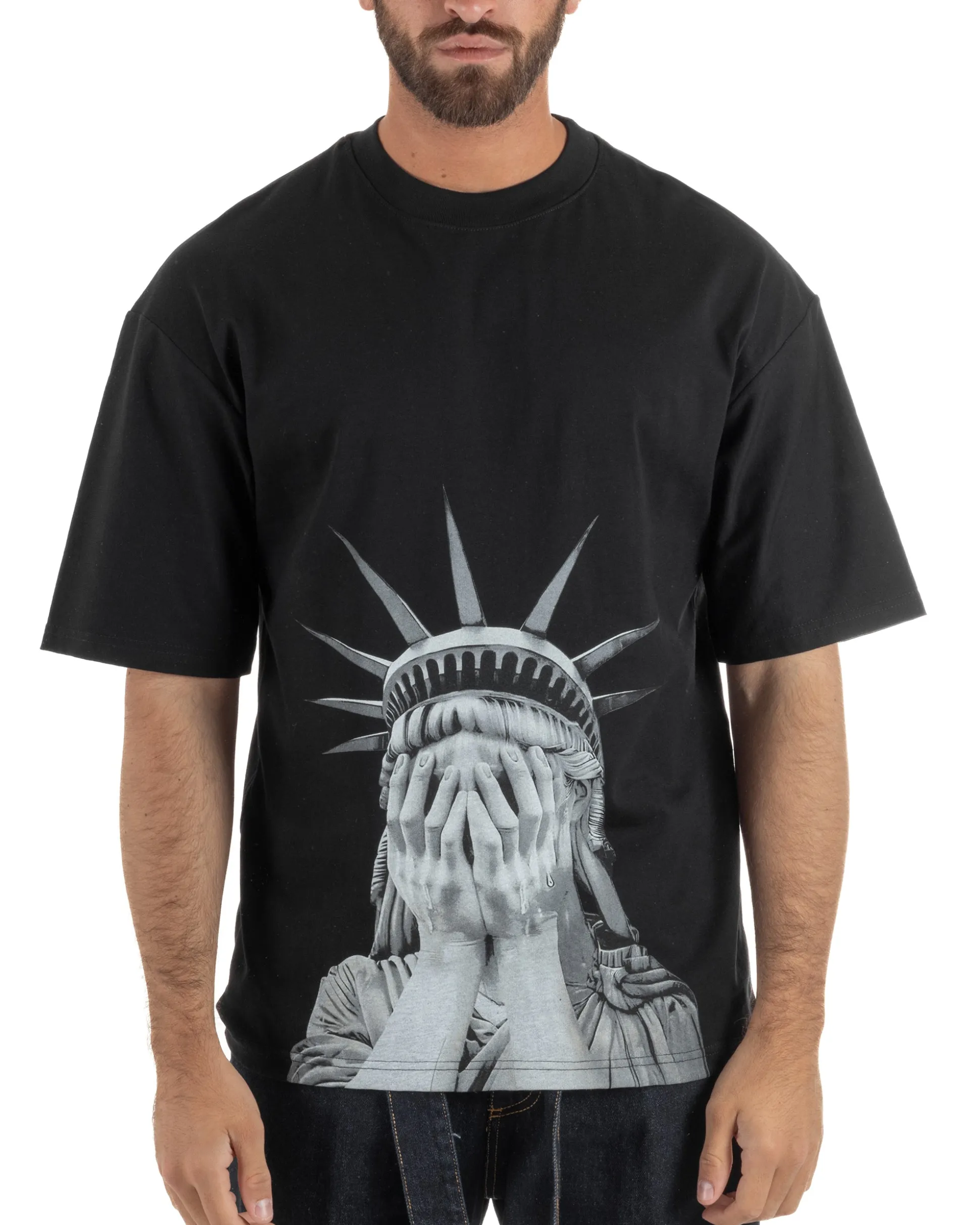 T-shirt uomo girocollo oversize streetwear con stampa nero GIOSAL-TS3308A